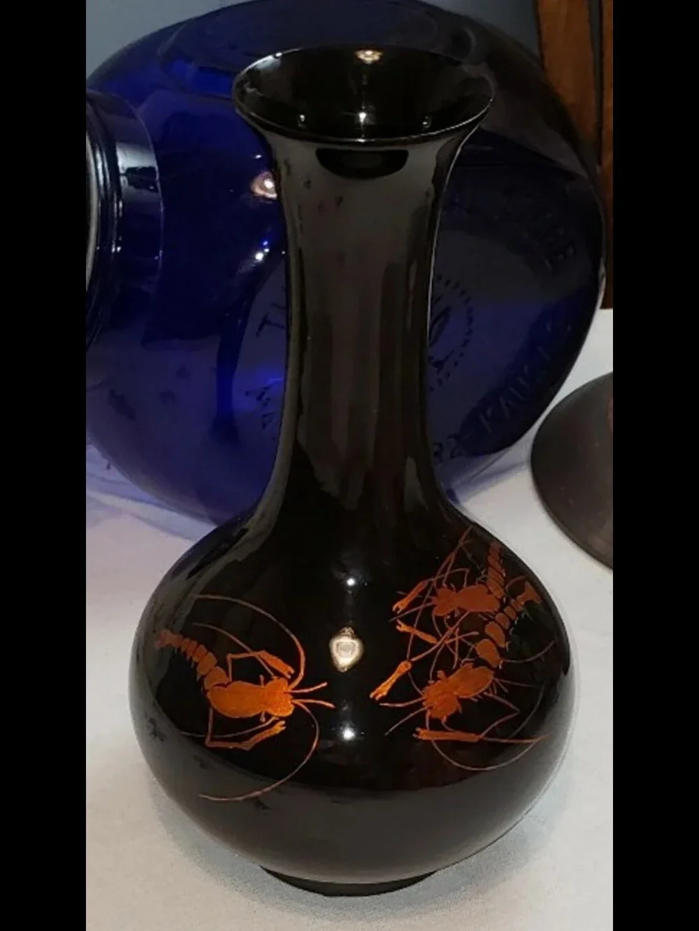 Vintage MCM Black Laquerware Vase With Metallic Copper Shrimp Design